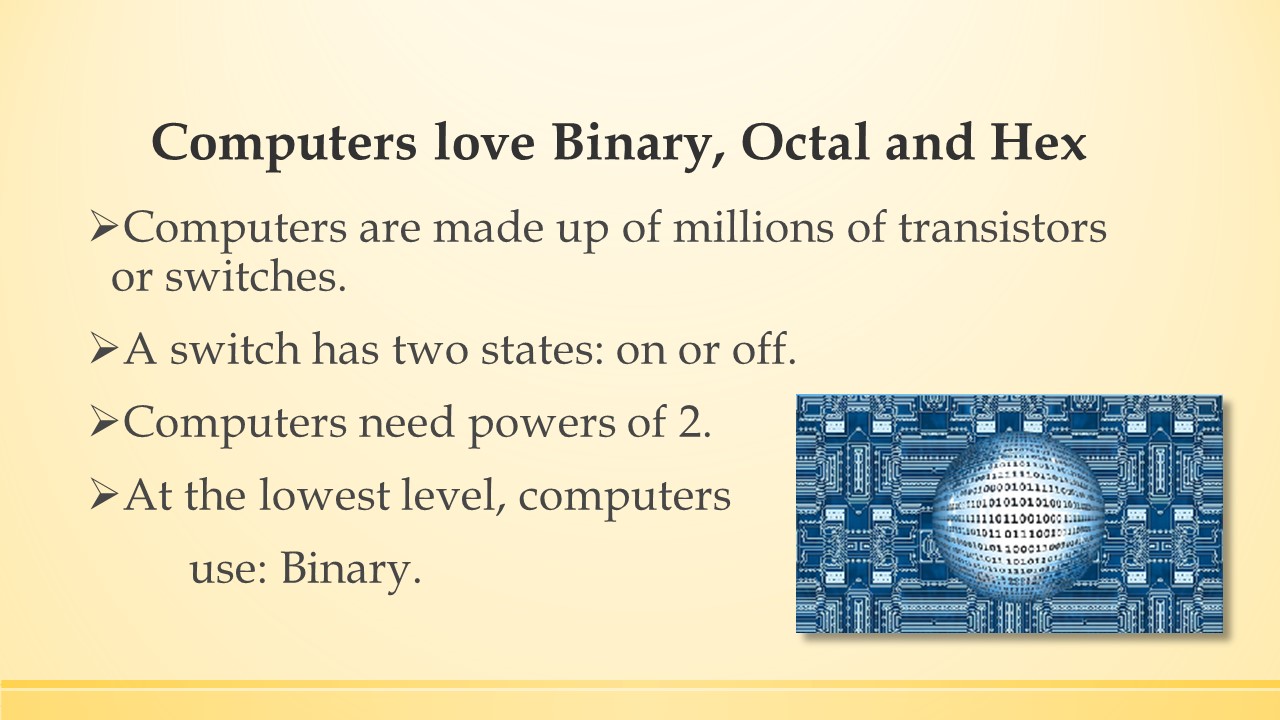 Computers love binary, octal and hexadecimal.