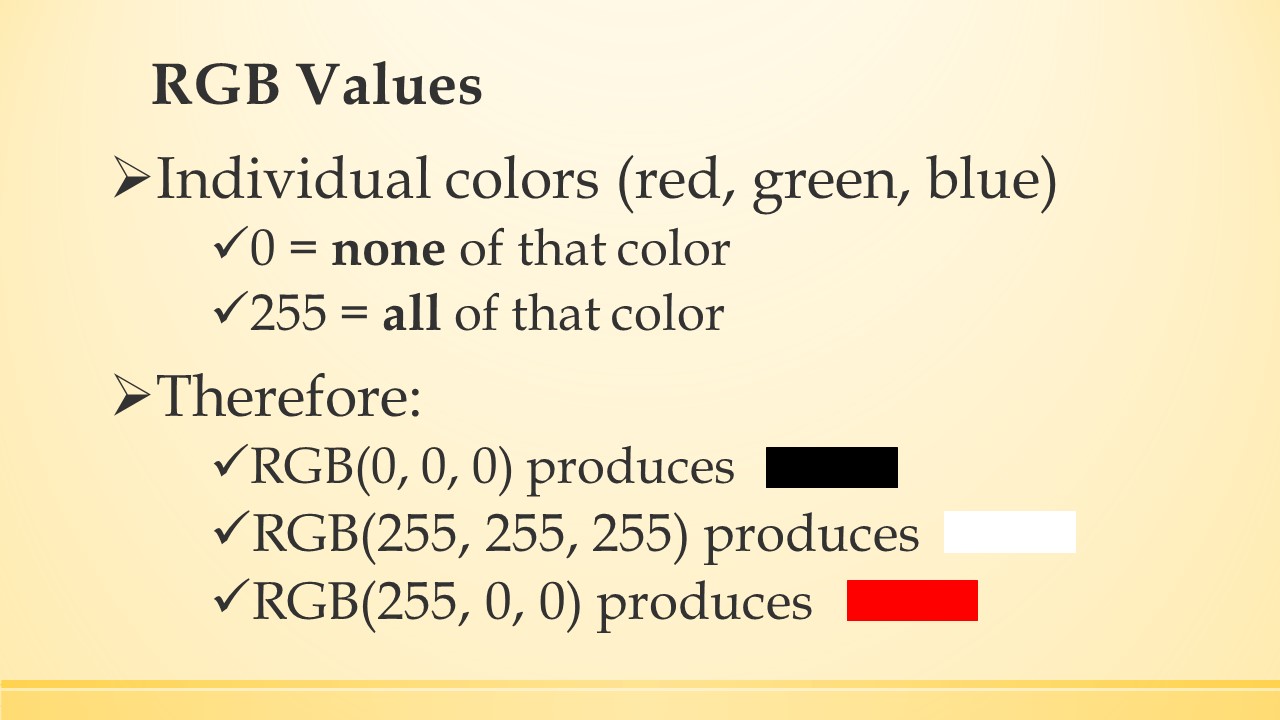 Bullett points on specifying color values.