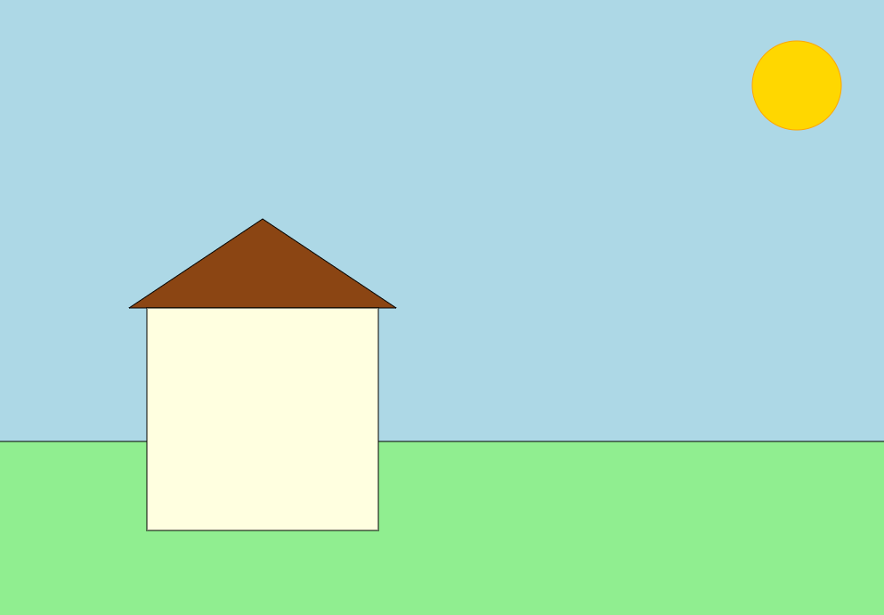 House animation showing house shape, roof shape, yard shape and sun shape all using color.