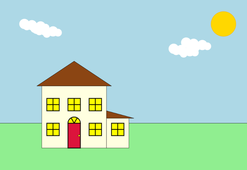 House animation with door, room addition and clouds.