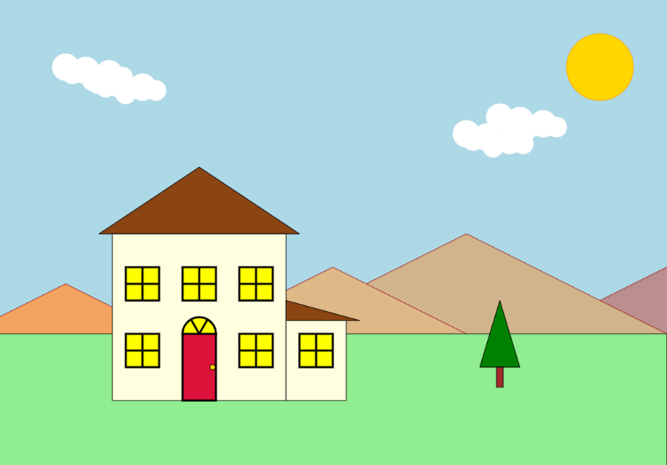 House animation with mountains and singe small tree added.